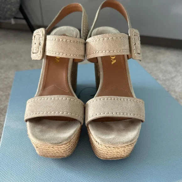 Prada Nude Suede Jute 4 inch Wedge Peep Toe Sandal 35.5 /  5.5 US $850 - Picture 2 of 14